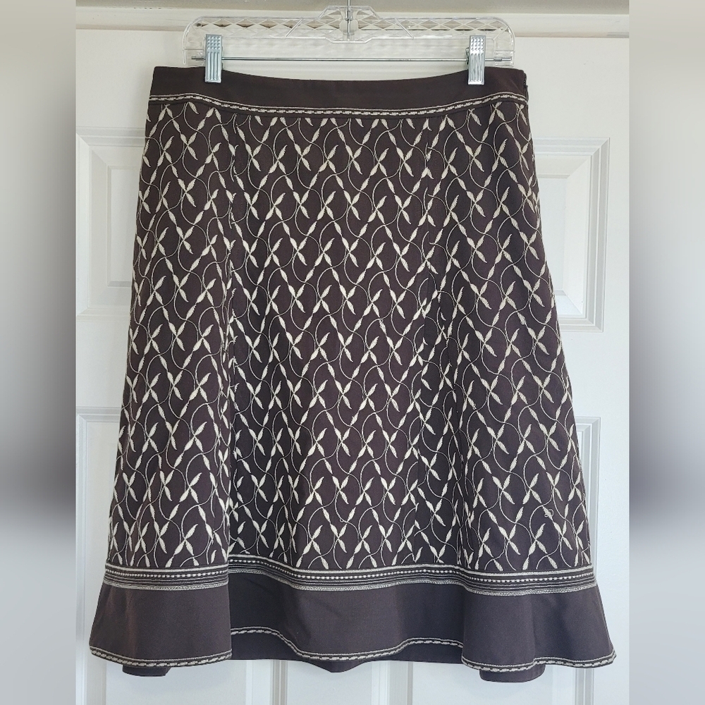 Ann Taylor Chocolate Brown A-Line Skirt with Tan Embroidery - Size 10